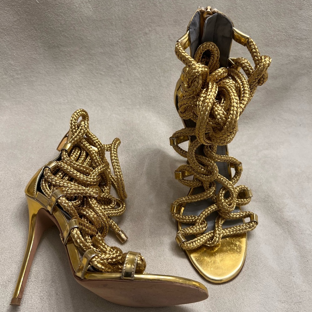 Monika Chiang Metallic Gold Braided Lace-Up Stiletto Sandal